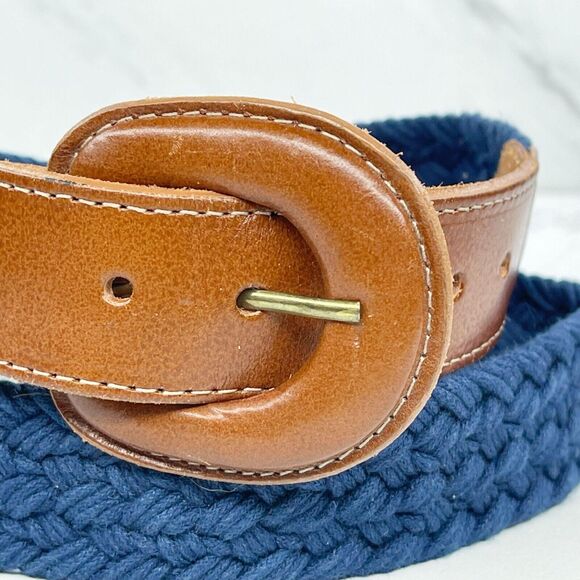 Vintage Blue Braided Woven Belt Brown Leather Trim Small (S) ✨ - Picture 4 of 10